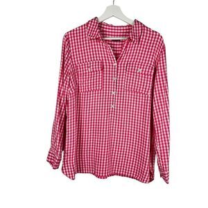 Talbots Pink White Gingham Roll Sleeve Top Large